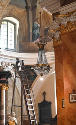 a chandelier hanging from the ceiling of a building