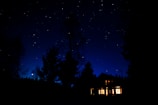 A peaceful landscape with stars shining brightly in a deep blue night sky