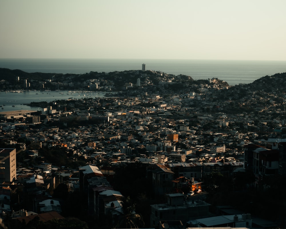 a view of a city with a body of water in the background