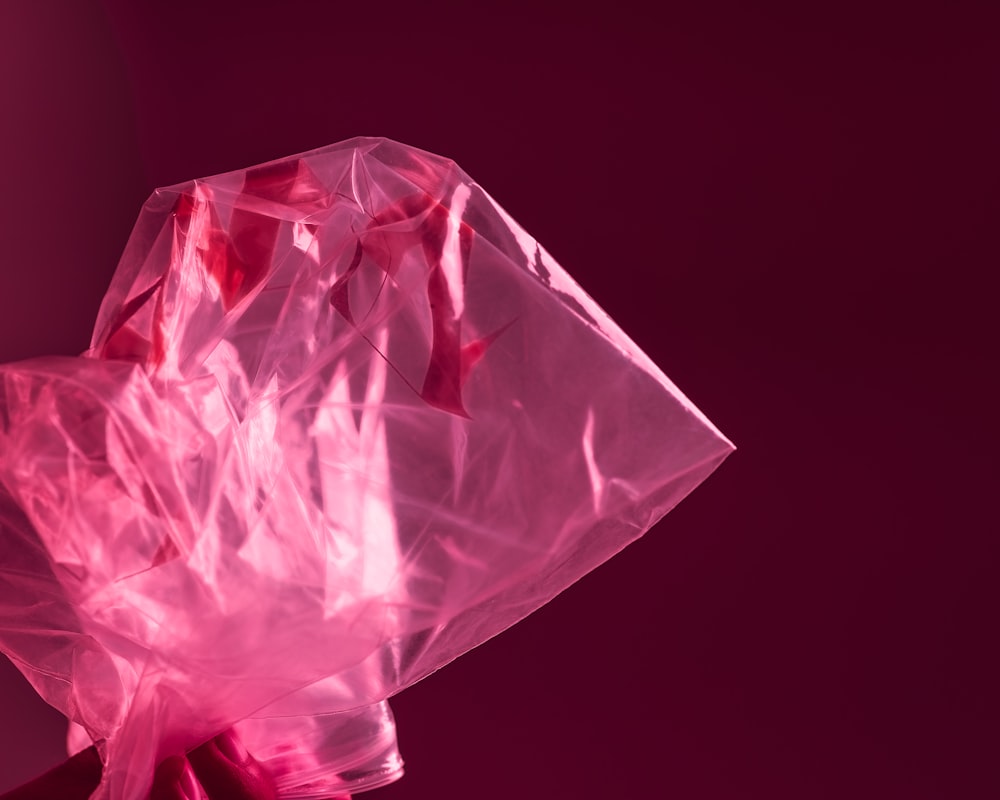 a person holding a pink plastic bag in their hand