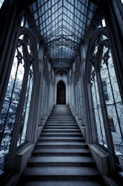 a set of stairs leading up to a large window