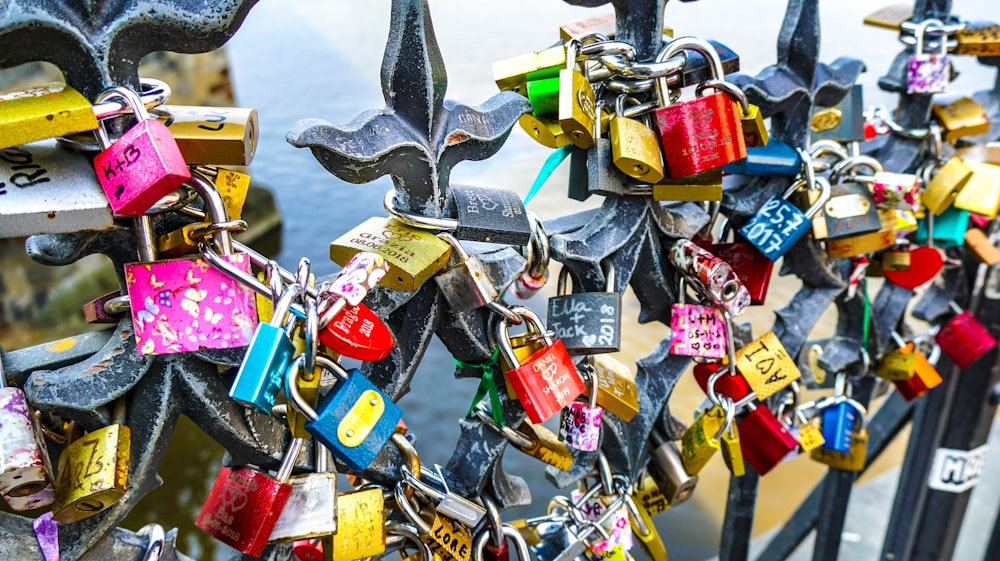 many padlocks are attached to a fence