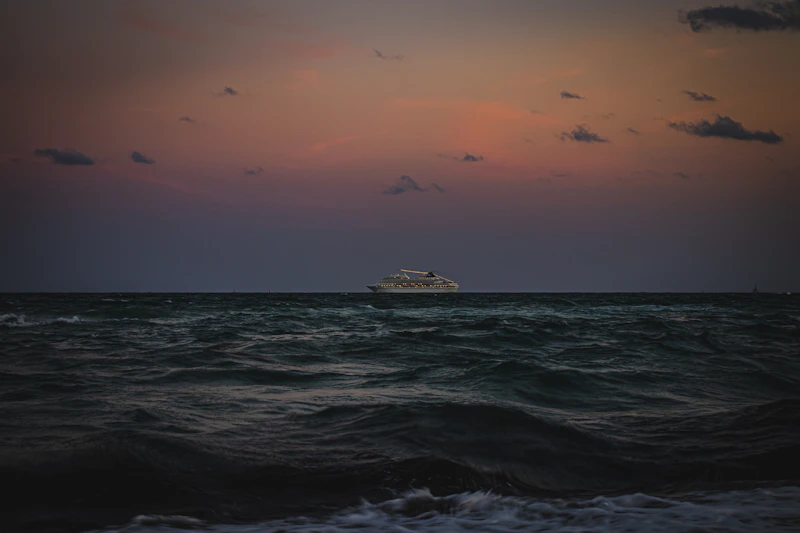 Cruise ship on the horizon at sunset