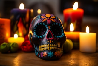 A brightly colored sugar skull sits on a wooden surface, surrounded by several lit candles. The skull features intricate designs with vibrant hues of pink, blue, orange, and yellow. The background is softly blurred, highlighting the focus on the skull and candles, creating a warm ambiance.