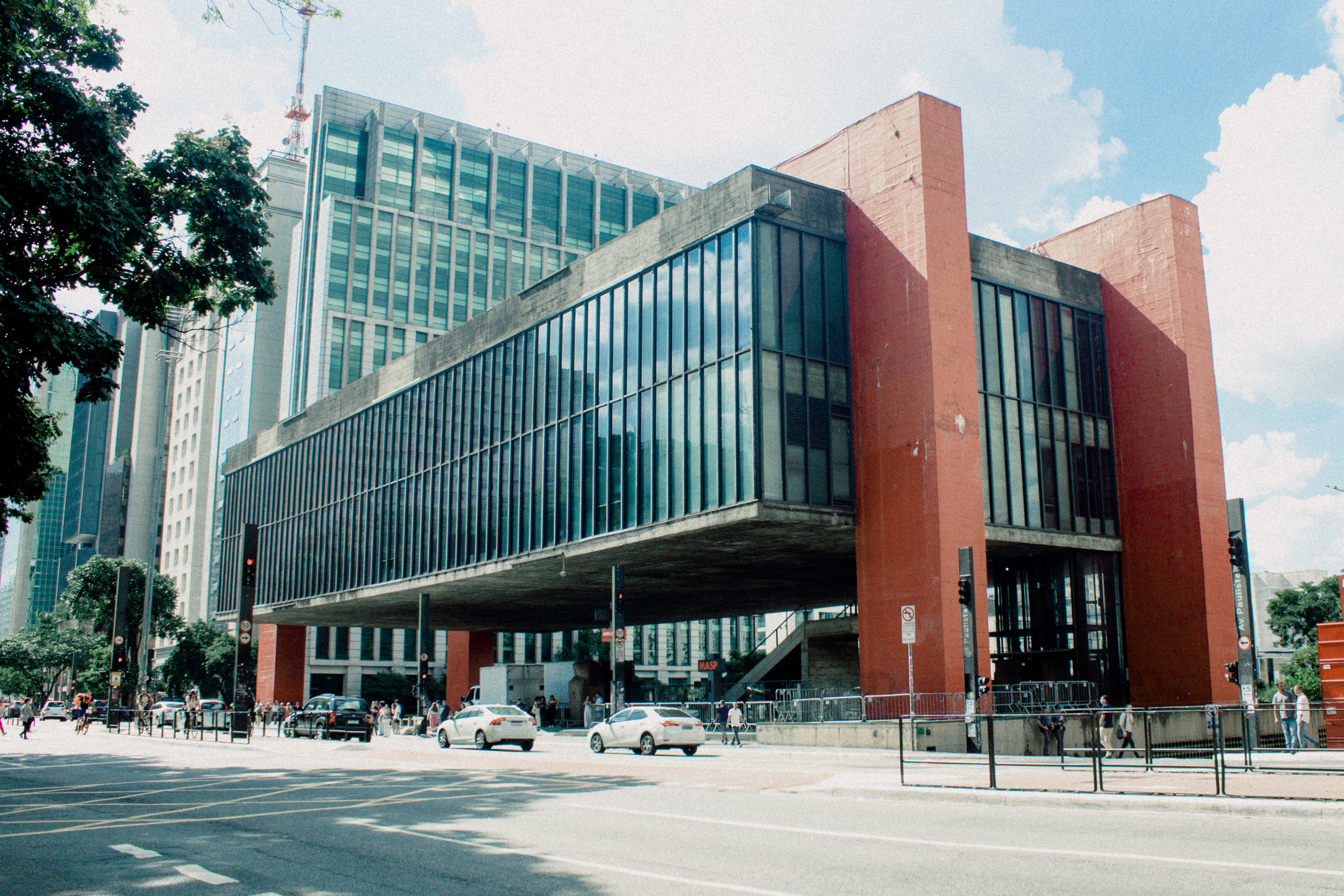 The red-pillared, glass-walled MASP art museum suspended above its open plaza on Avenida Paulista in Sao Paulo