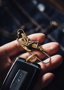 A hand is holding a set of keys. The focus is on a detailed metal keychain shaped like a mechanical insect or grasshopper. The keychain is intricately designed with metallic accents. The keys attached include a modern car key with a sleek black design.