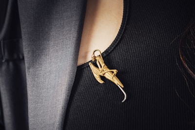 A close-up view of a golden brooch shaped like a stylized insect pinned on a black ribbed fabric, with part of a grey garment visible in the background.