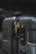 A close-up of a dark-colored suitcase featuring a gold bird-shaped ornament attached to the zipper. The suitcase has a textured surface with visible zippers and a TSA-approved lock. The lighting highlights the ornately designed bird accessory, contrasting against the suitcase's smooth, dark body.