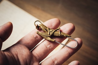 A close-up of a hand holding a large, intricately designed brass decorative pin shaped like a grasshopper. The pin has detailed engravings and is a metallic gold color. The focus is on the hand and the object, with a blurred background in warm tones.