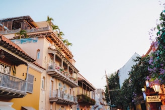 A vibrant street scene featuring multi-story buildings with balconies adorned with plants and flowers. The architecture is a blend of traditional and modern styles, with colorful facades and tiled roofs. Streetlamps and a 'MONEY EXCHANGE' sign are visible on the right side. Trees and flowering plants add greenery to the scene, creating a lively and picturesque atmosphere.