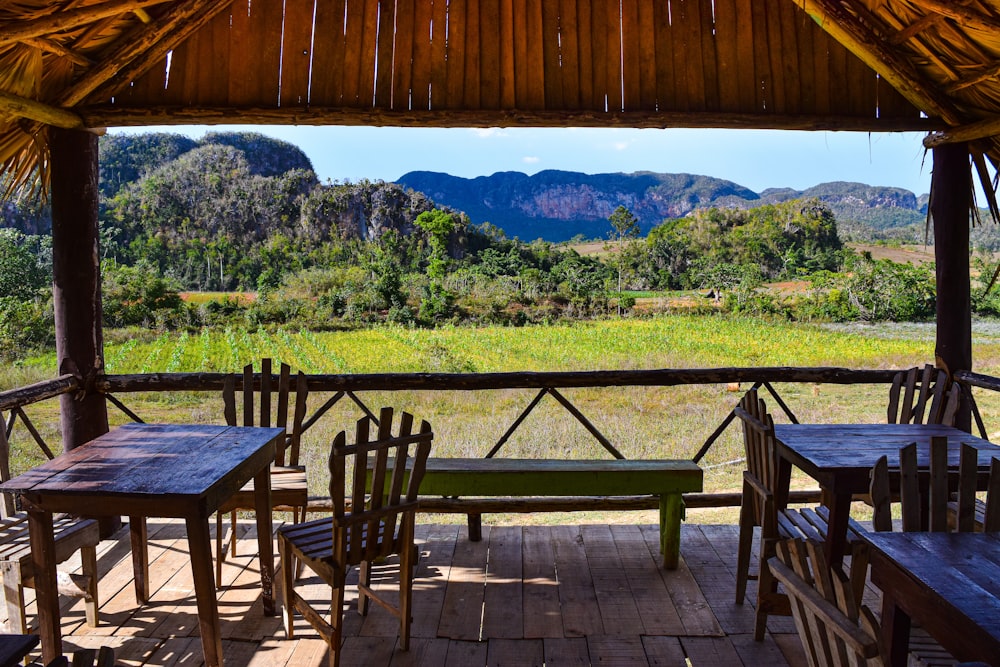 a view of a mountain range from a restaurant