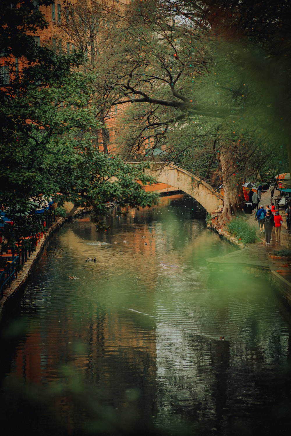 people walking on a bridge over a river