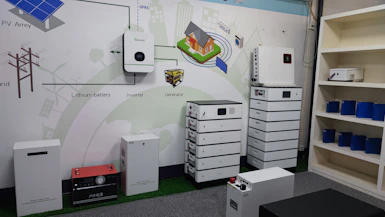 Close-up of advanced battery storage units in an organized energy facility.