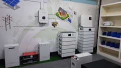 The image depicts a showroom or demonstration area showcasing various energy storage and conversion devices. Several white battery systems are stacked or aligned neatly. In the background, there is a diagram on the wall illustrating a solar energy system, including components like PV arrays, lithium batteries, inverters, and generators. A few blue battery cells are displayed on shelves to the right.