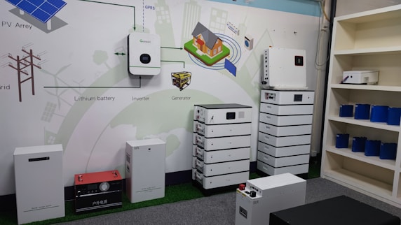 The image depicts a showroom or demonstration area showcasing various energy storage and conversion devices. Several white battery systems are stacked or aligned neatly. In the background, there is a diagram on the wall illustrating a solar energy system, including components like PV arrays, lithium batteries, inverters, and generators. A few blue battery cells are displayed on shelves to the right.