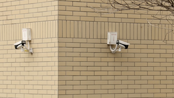 Two surveillance cameras are mounted on a corner of a beige brick building. The cameras are positioned at a right angle to each other and are installed on a cream-colored brick wall. A barren tree branch is visible on the right side.