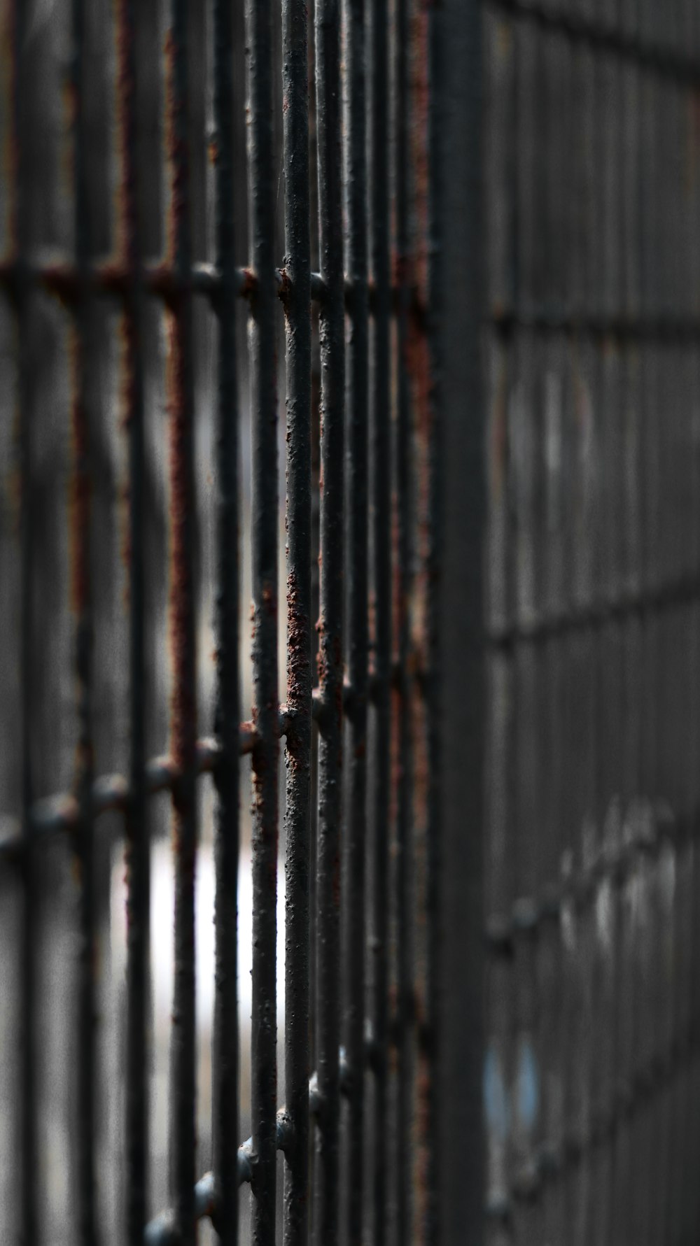 a close up of a metal fence with rust on it