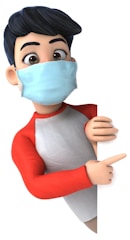 A cartoon character with large, expressive eyes and dark hair is wearing a face mask. The character has a red and white outfit and is peeking around a blank white surface while pointing to the side.