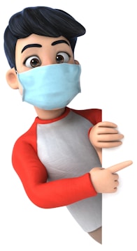 A cartoon character with large, expressive eyes and dark hair is wearing a face mask. The character has a red and white outfit and is peeking around a blank white surface while pointing to the side.
