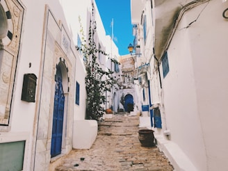 a narrow cobblestone street lined with white buildings