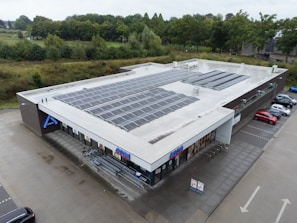 A large, flat-roofed commercial building with numerous solar panels installed on top, surrounded by a parking lot and green landscaping. There are several shopping carts lined up near the entrance, and a few cars parked nearby. The store's branding is visible on the facade.