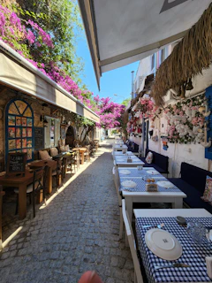 a row of tables with blue and white checkered tablecloths