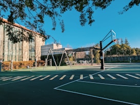 An outdoor basketball court with a hoop and backboard stands under a clear blue sky. Surrounding the court, there are trees and shrubs, with a modern building in the background. The scene is well-lit, giving a sense of tranquility and calmness with no people present.