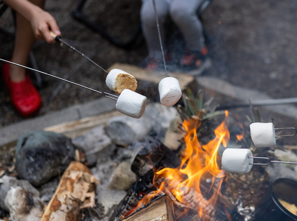 Marshmallows werden über einem Lagerfeuer gekocht