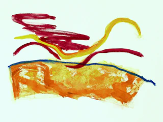 Abstract painting with sweeping brushstrokes in warm tones.