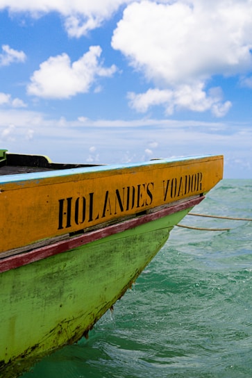 A sleek boat named Fênix cruising on calm waters near Florianópolis coastline under a clear blue sky.