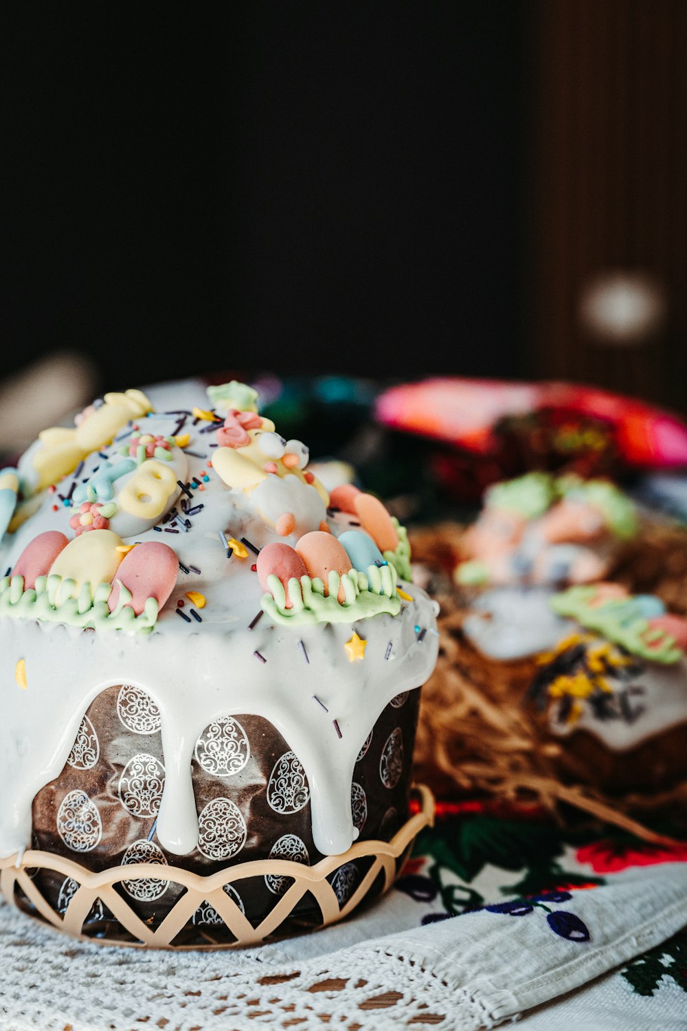 a decorated cupcake sitting on top of a table