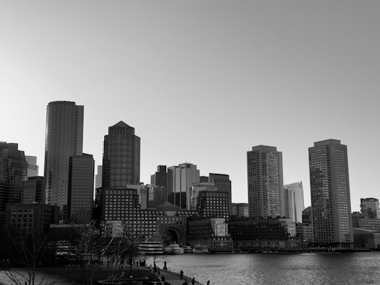 A black and white photo of a city skyline — Boston, United States