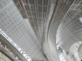 Curved and linear metal structures form an intricate roof design. The architecture appears modern with a focus on geometric patterns and clean lines. The ceiling panels reflect light, adding a sense of brightness and spaciousness to the area.
