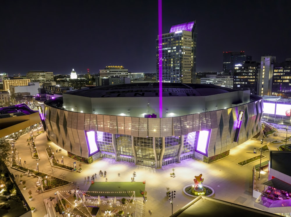 an aerial view of a stadium at night