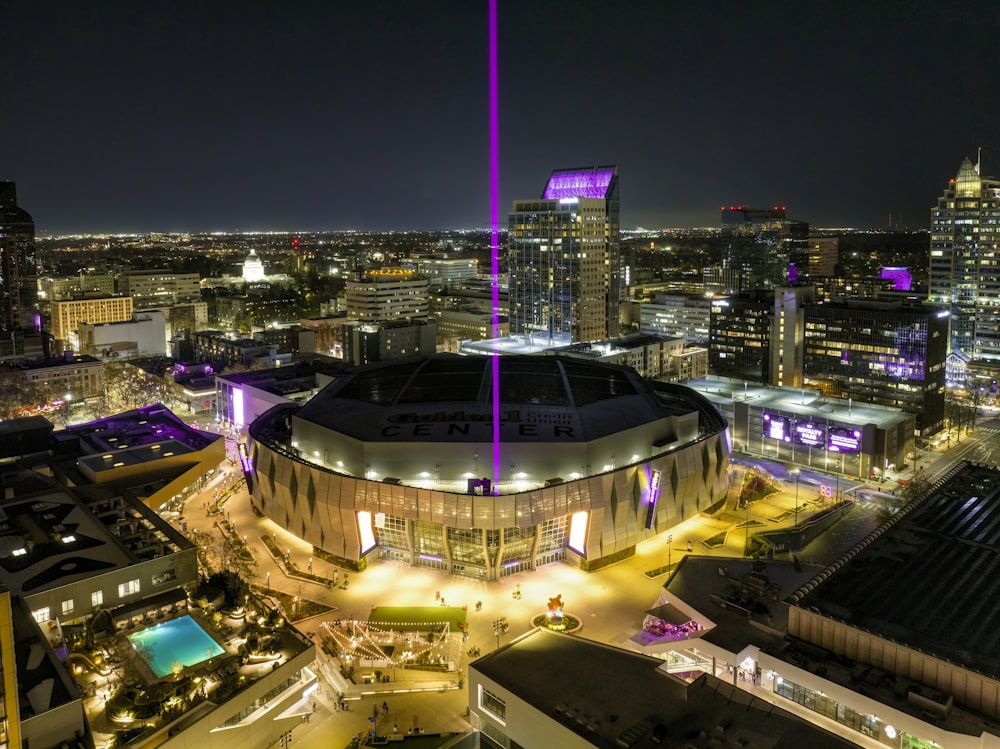 an aerial view of a city at night