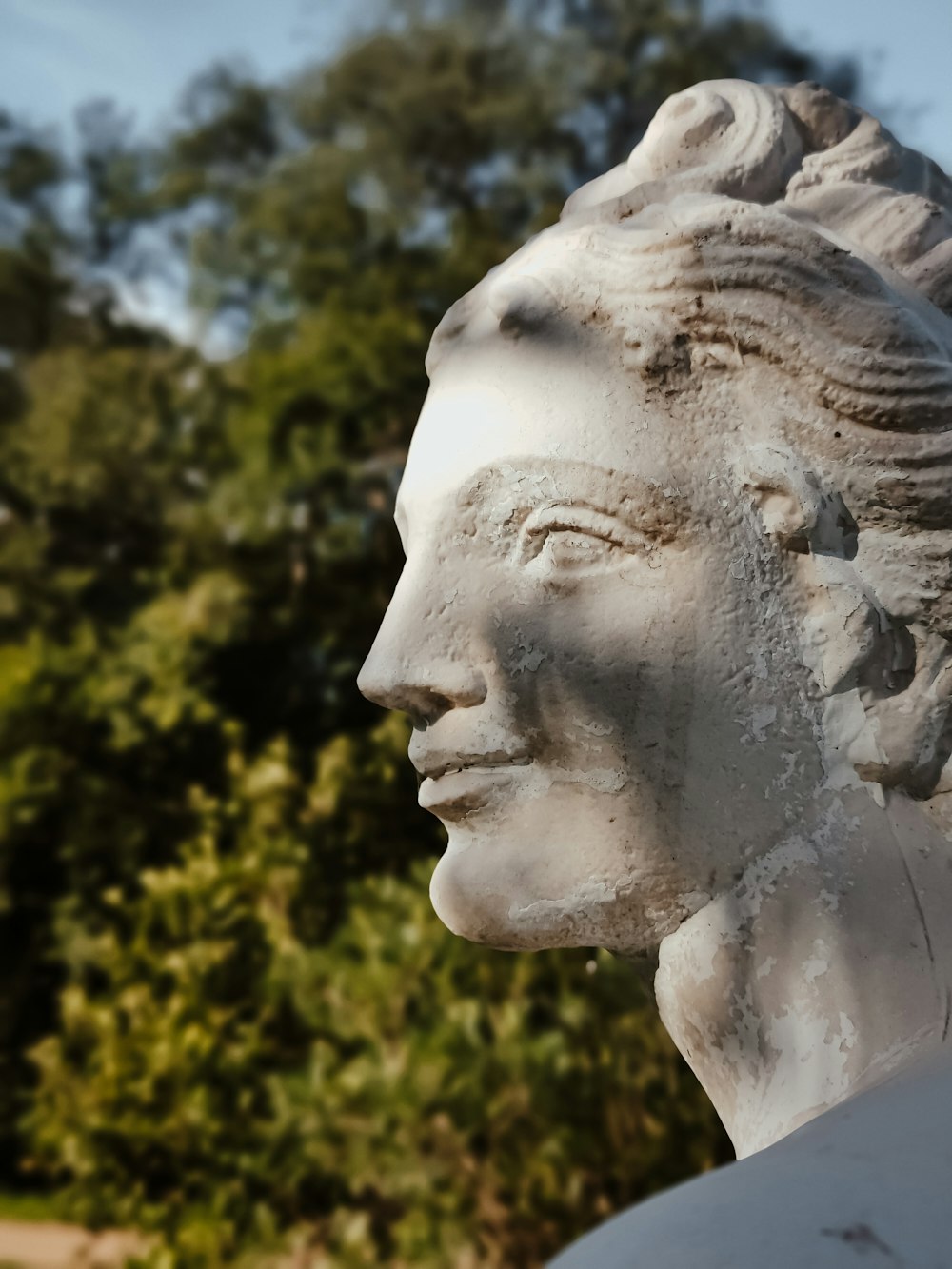 a close up of a statue of a woman with trees in the background