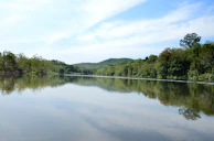 A quiet river flowing through lush greenery, reflecting the sky above.
