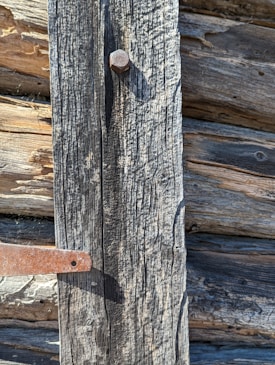 Old, weathered wooden boards with visible grain and texture, featuring rusted metal hardware like a nail and a hinge or bracket.