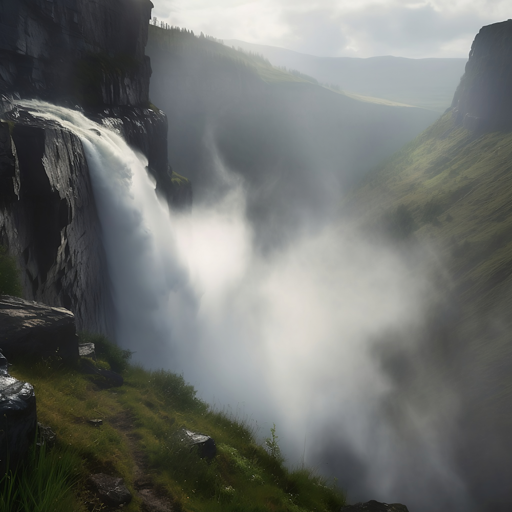 a waterfall in the middle of a valley