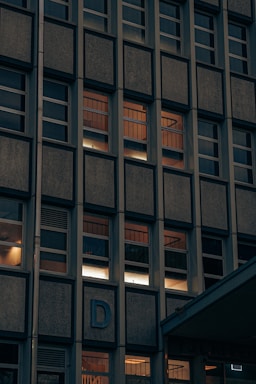 A building facade with a grid-like pattern of windows, multiple of which emit a warm glow from the lights inside. A large letter 'D' is fixed to the wall. The scene is captured during twilight or night, giving an urban and somewhat solitary atmosphere.