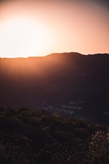A serene sunset over a lush Kashmiri valley, captured with warm golden hues and soft shadows.