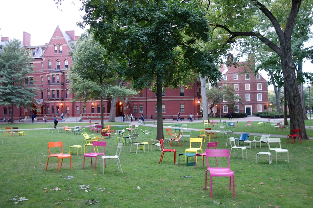 a bunch of chairs that are in the grass