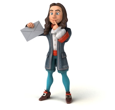 A cartoon character with long brown hair, dressed in a period costume with a blue coat, white shirt, and teal leggings. The character holds an envelope in one hand and places the other finger on the lips in a shushing gesture.