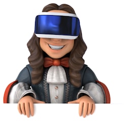 A cartoonish character with long brown hair wearing a virtual reality headset. The character is dressed in an old-fashioned, formal outfit with a white ruffled shirt, a dark coat, and a red bow tie, while smiling broadly. Hands are visible resting in front.