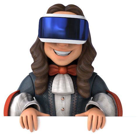 A cartoonish character with long brown hair wearing a virtual reality headset. The character is dressed in an old-fashioned, formal outfit with a white ruffled shirt, a dark coat, and a red bow tie, while smiling broadly. Hands are visible resting in front.