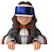 A cartoonish character with long brown hair wearing a virtual reality headset. The character is dressed in an old-fashioned, formal outfit with a white ruffled shirt, a dark coat, and a red bow tie, while smiling broadly. Hands are visible resting in front.