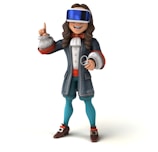 A smiling animated character wearing a vintage outfit, complete with a coat, tights, and buckled shoes. The character is wearing a modern virtual reality headset and is holding a ring in one hand while raising the other index finger.