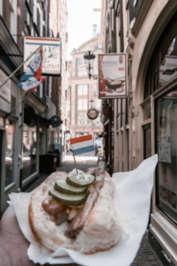 A street scene with brick buildings on both sides features a hand-held sandwich in the foreground. The sandwich is topped with slices of pickles, fish, and a small Dutch flag. Several shop signs hang above the narrow alley, and the architecture is characteristic of a European city.