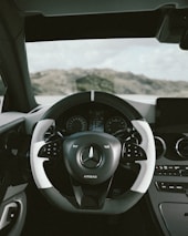 A close-up of a sleek car dashboard with African landscapes visible through the windshield.