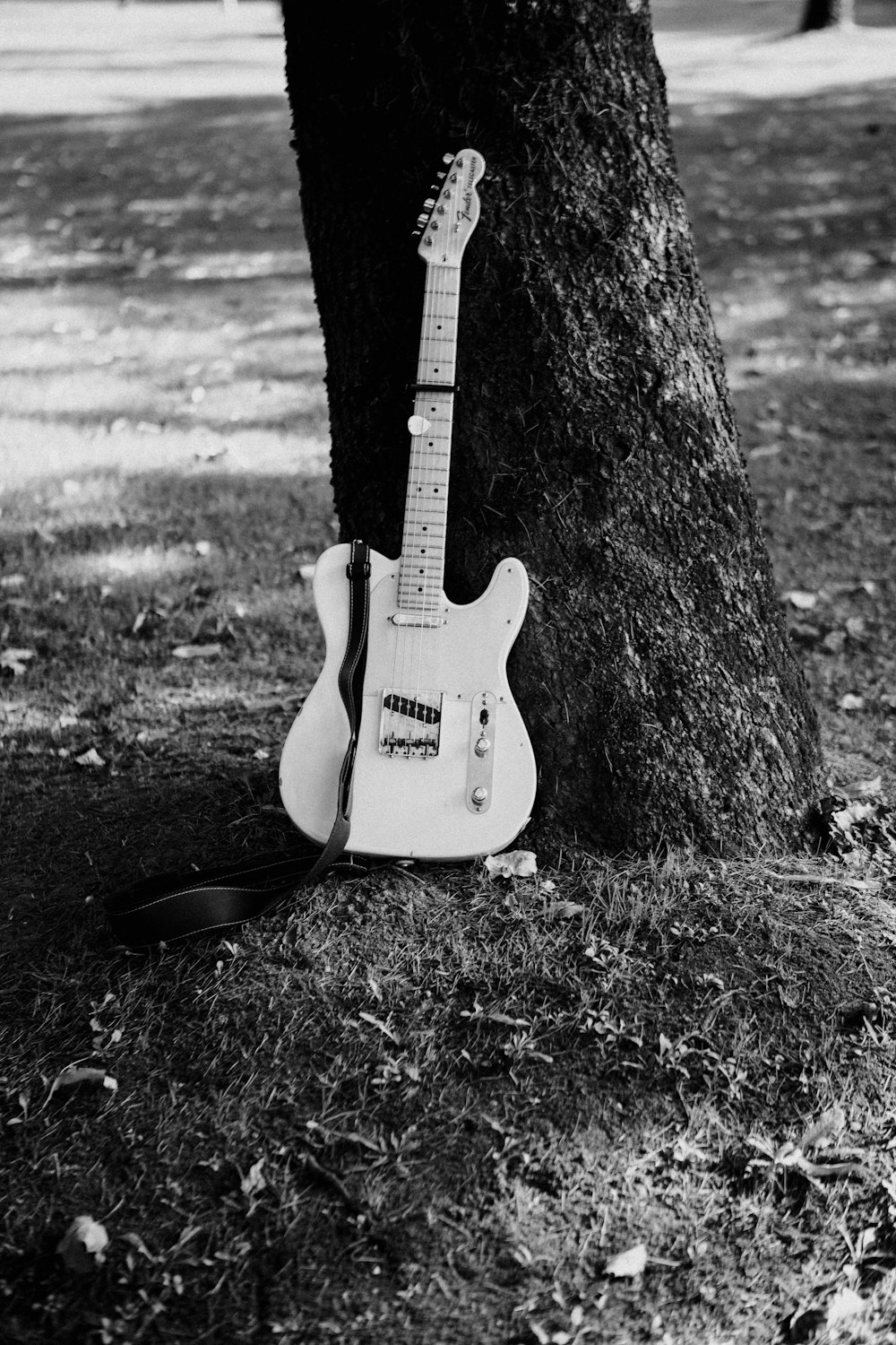 an electric guitar is propped up against a tree